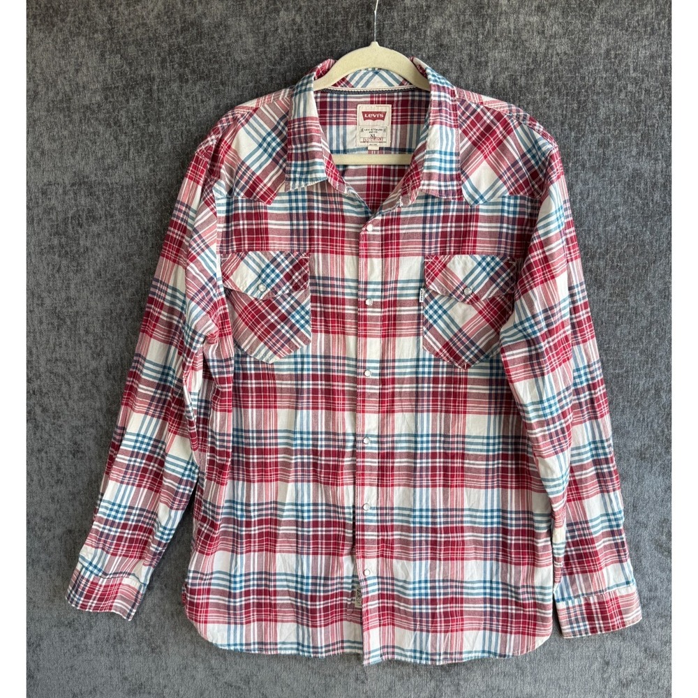 Levis Pearl Snap‎ Shirt Mens XL Modern Fit Red Blue White Plaid Western Casual